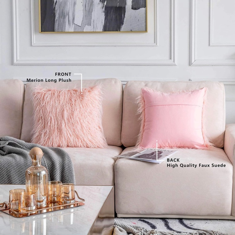 Luxury Home | Regal Blush Pink Long Faux Mongolian Fur Throw Pillow Covers - Picture 2 of 5